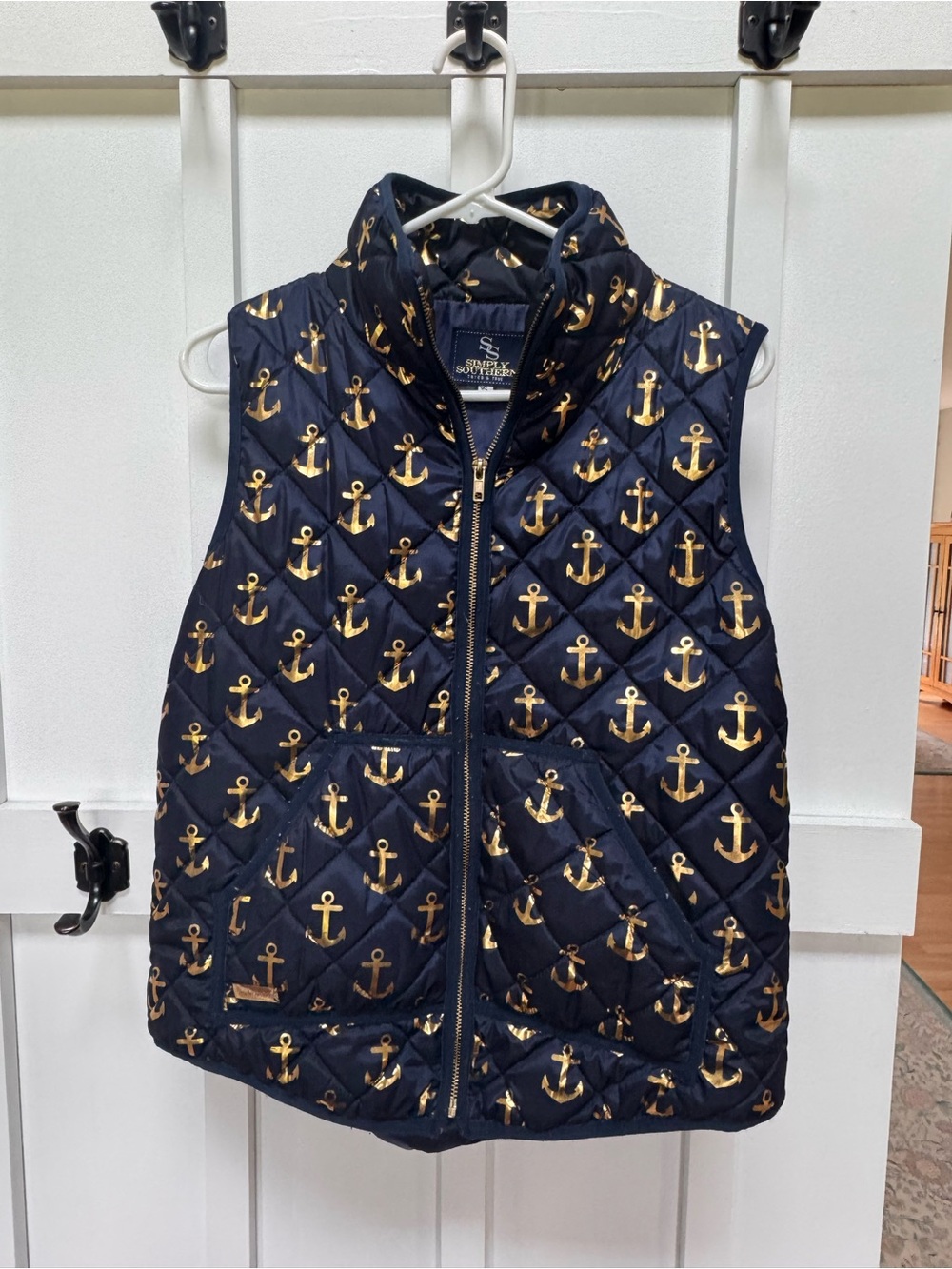 Simply Southern Navy Quilted Vest with Gold Anchor Print